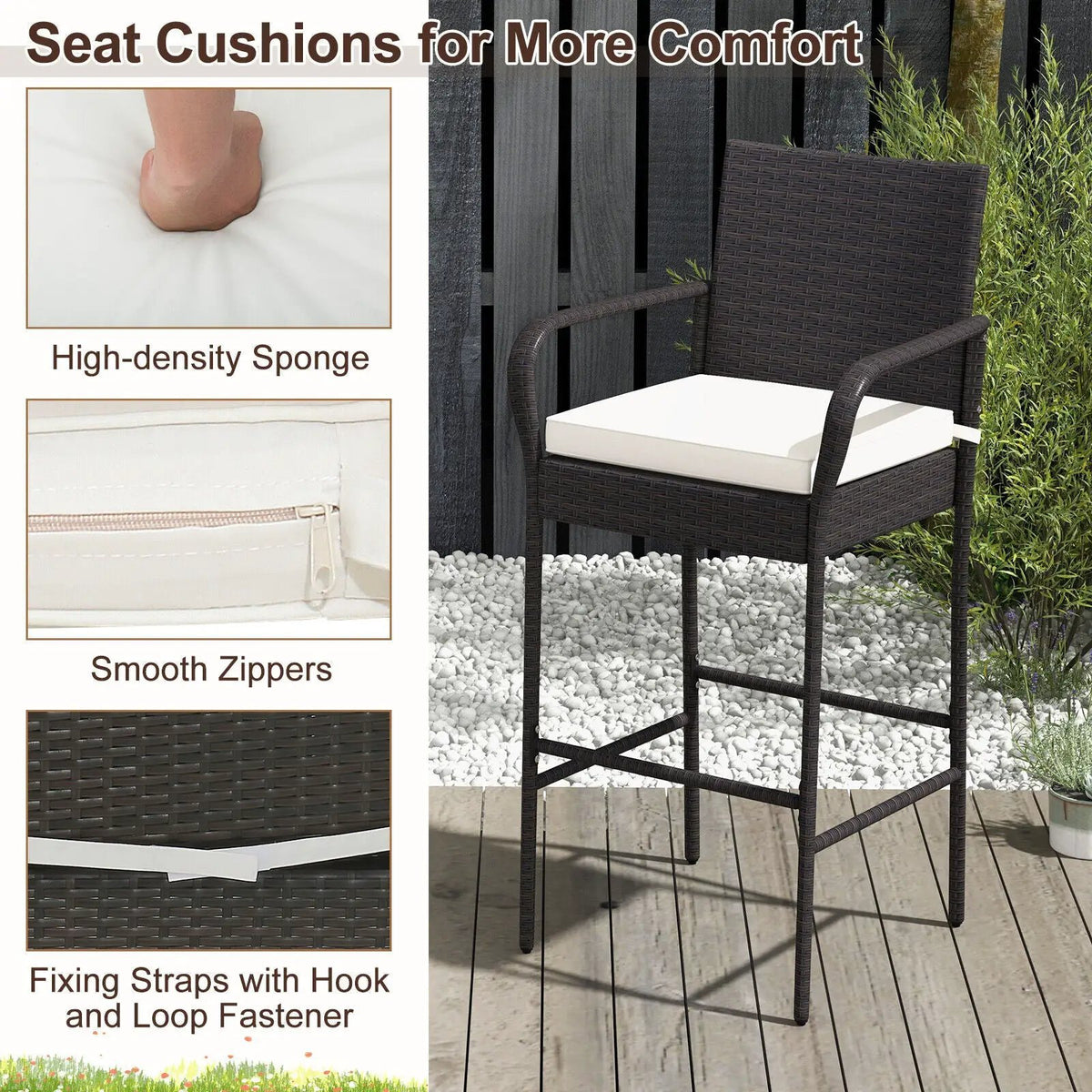 2/4 Pieces Outdoor PE Rattan Cushioned Barstool Set with Armrests, photo 6 of 9