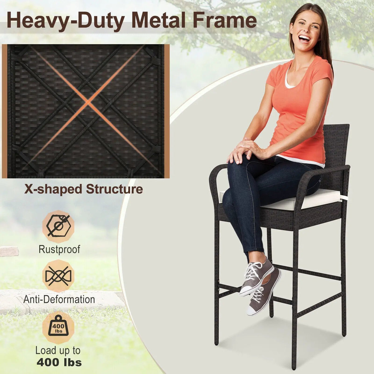 2/4 Pieces Outdoor PE Rattan Cushioned Barstool Set with Armrests, photo 7 of 9