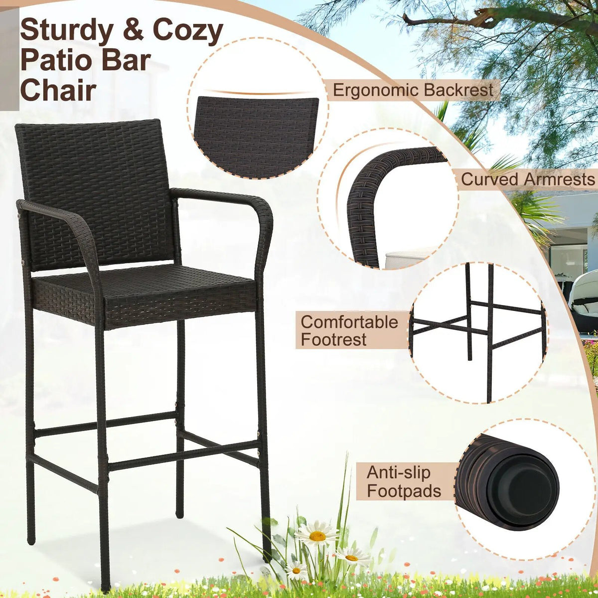 2/4 Pieces Outdoor PE Rattan Cushioned Barstool Set with Armrests, photo 8 of 9