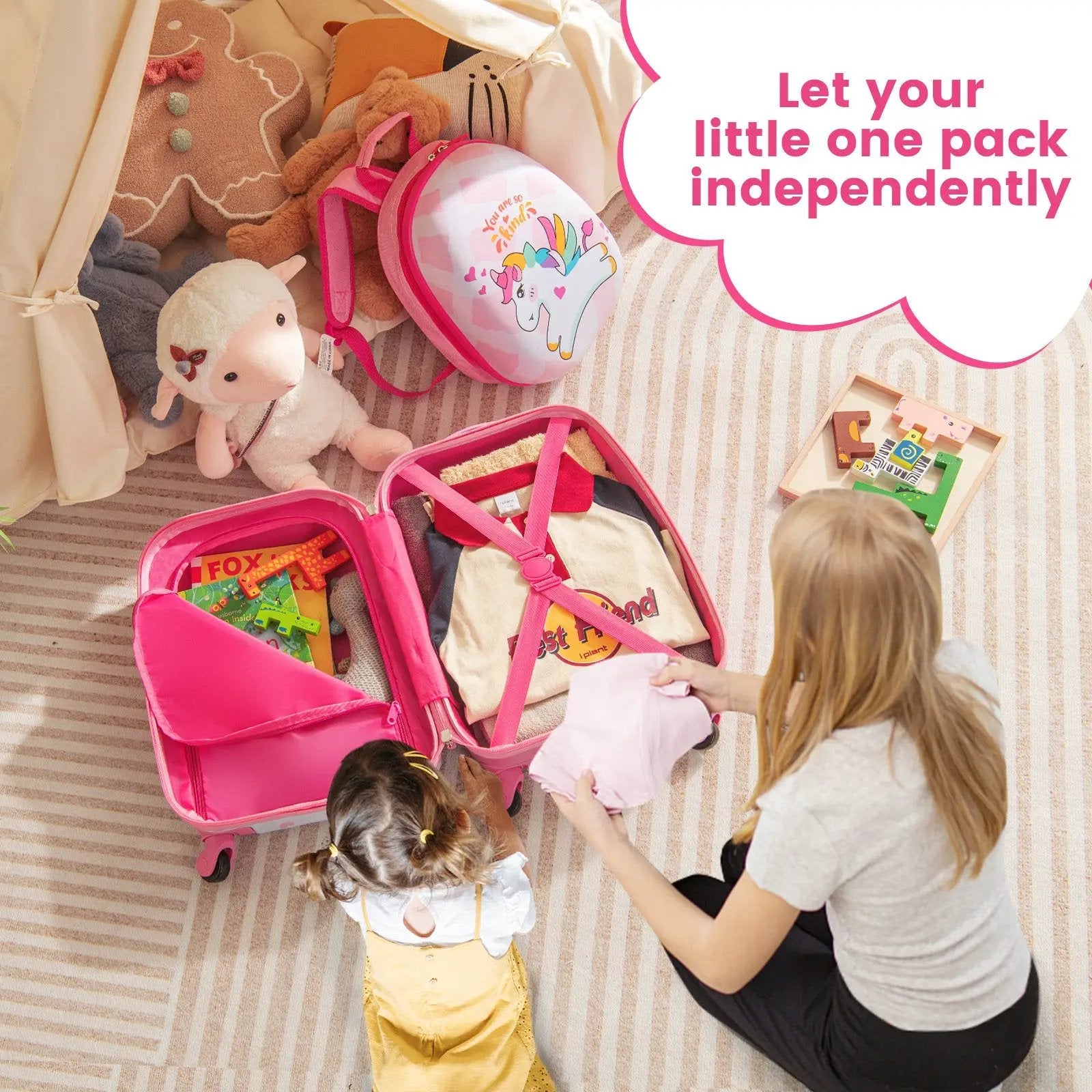 2 Pieces 12 Inch 16 Inch Kids Luggage Set with Backpack and Suitcase for Travel-Lovely Unicorn by DirectDeals