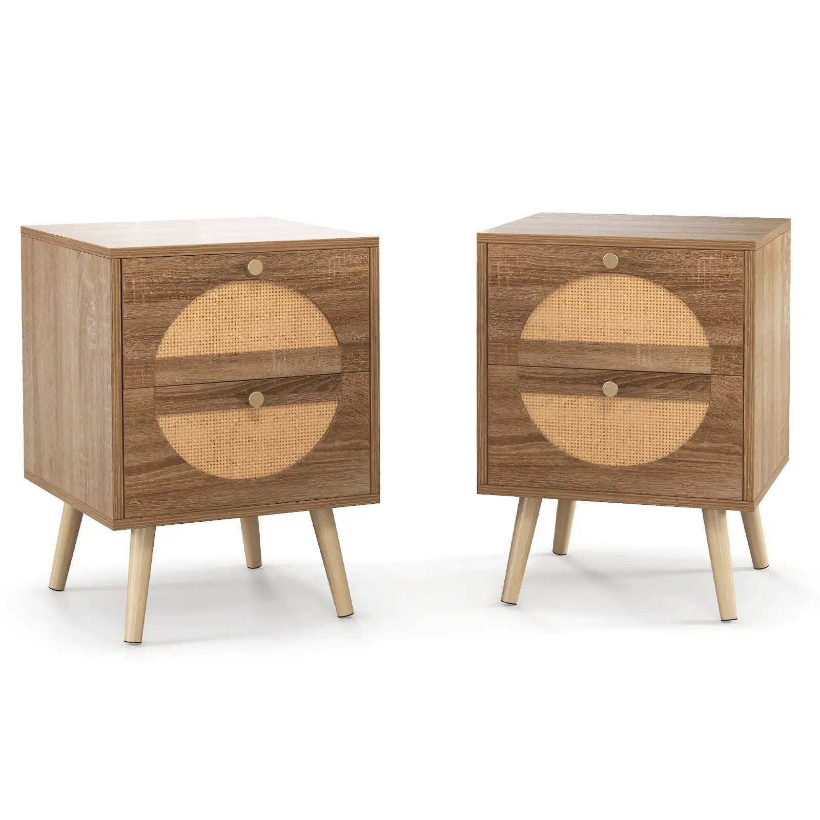 Set of 2 Rattan Nightstand with 2 Drawers and Solid Wood Legs-Natual by DirectDeals