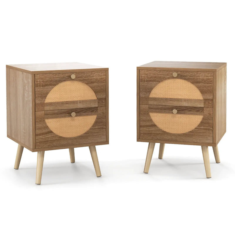 Set of 2 Rattan Nightstand with 2 Drawers and Solid Wood Legs-Natual by DirectDeals