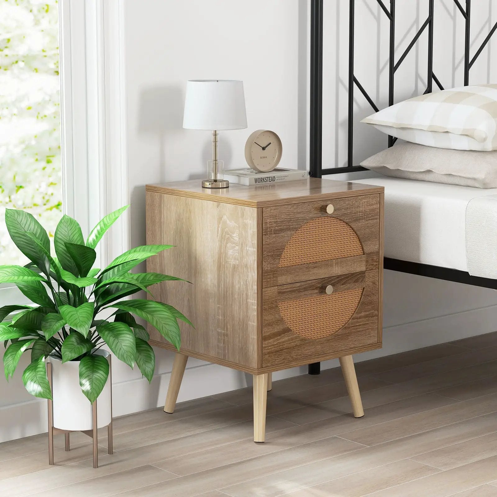 Set of 2 Rattan Nightstand with 2 Drawers and Solid Wood Legs-Natual by DirectDeals