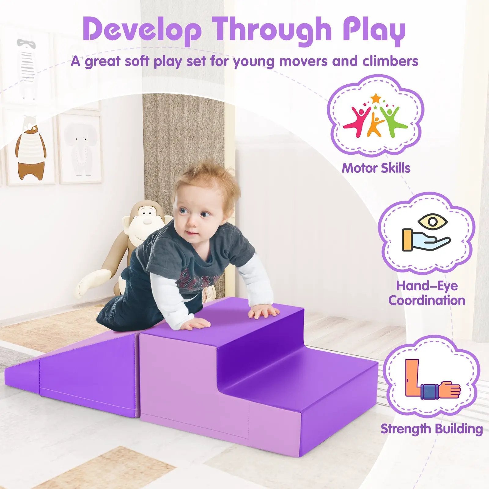 2-Piece Step and Slide Climber for Infants and Toddlers Baby Soft Play Set Foam Blocks-Purple by DirectDeals