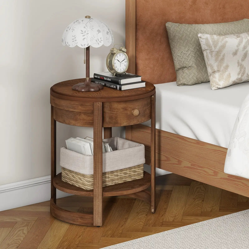 2-Tier Round End Table Mid Century Modern Nightstand with Drawer and Shelf by DirectDeals