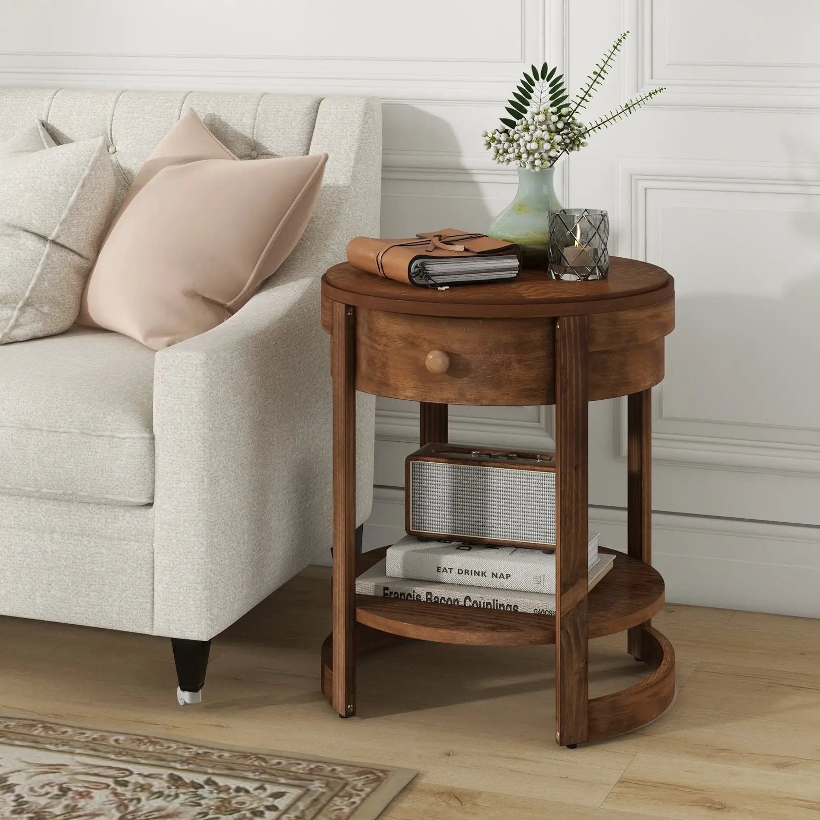 2-Tier Round End Table Mid Century Modern Nightstand with Drawer and Shelf by DirectDeals