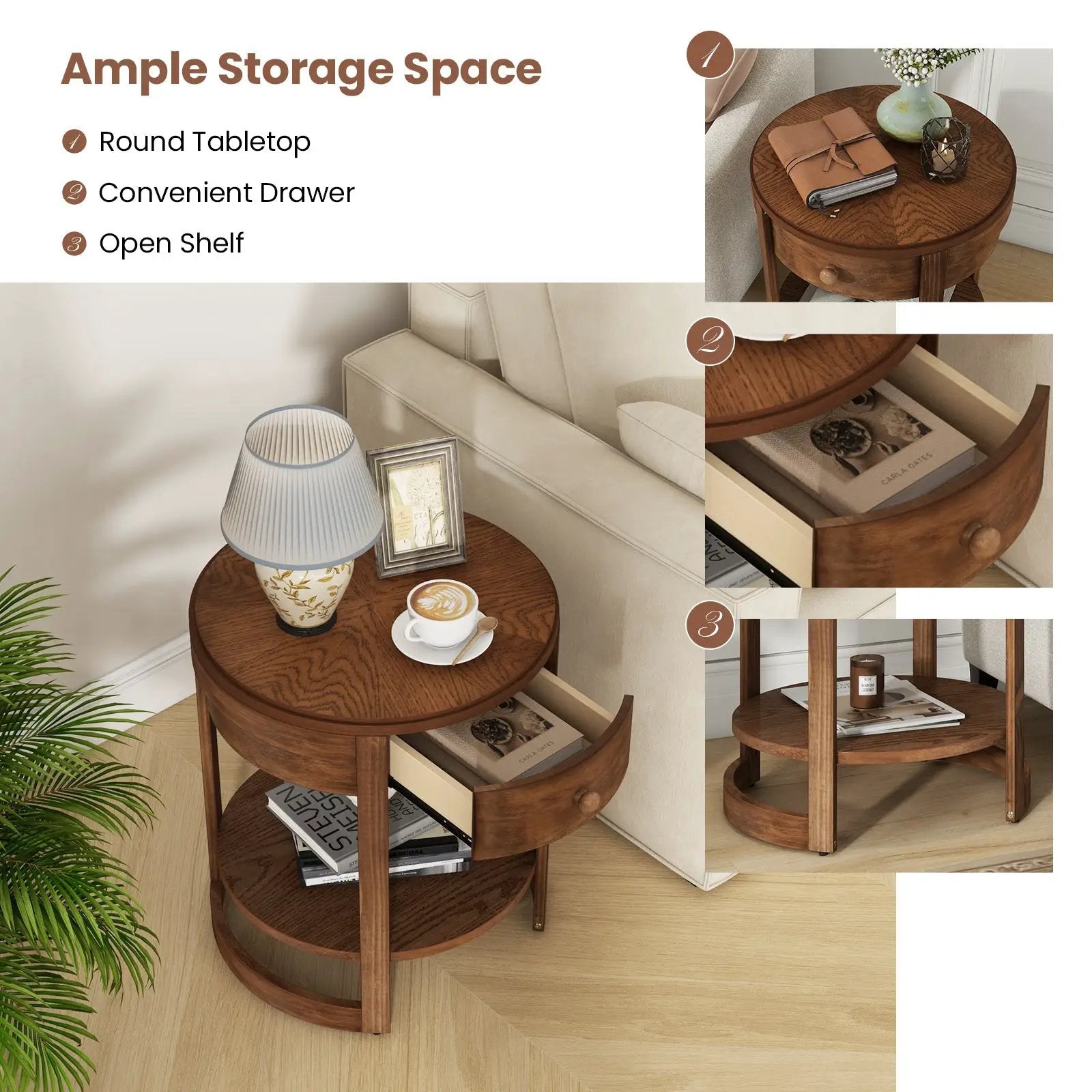 2-Tier Round End Table Mid Century Modern Nightstand with Drawer and Shelf by DirectDeals