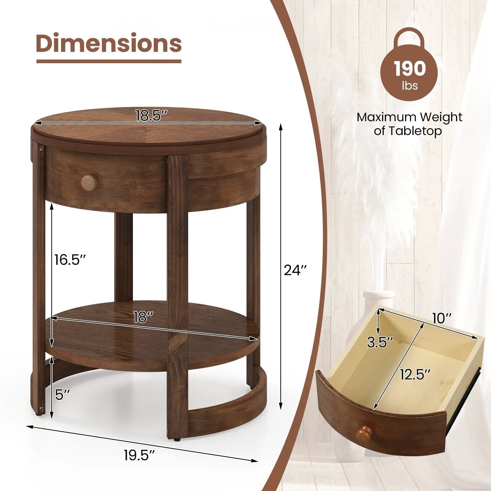 2-Tier Round End Table Mid Century Modern Nightstand with Drawer and Shelf by DirectDeals