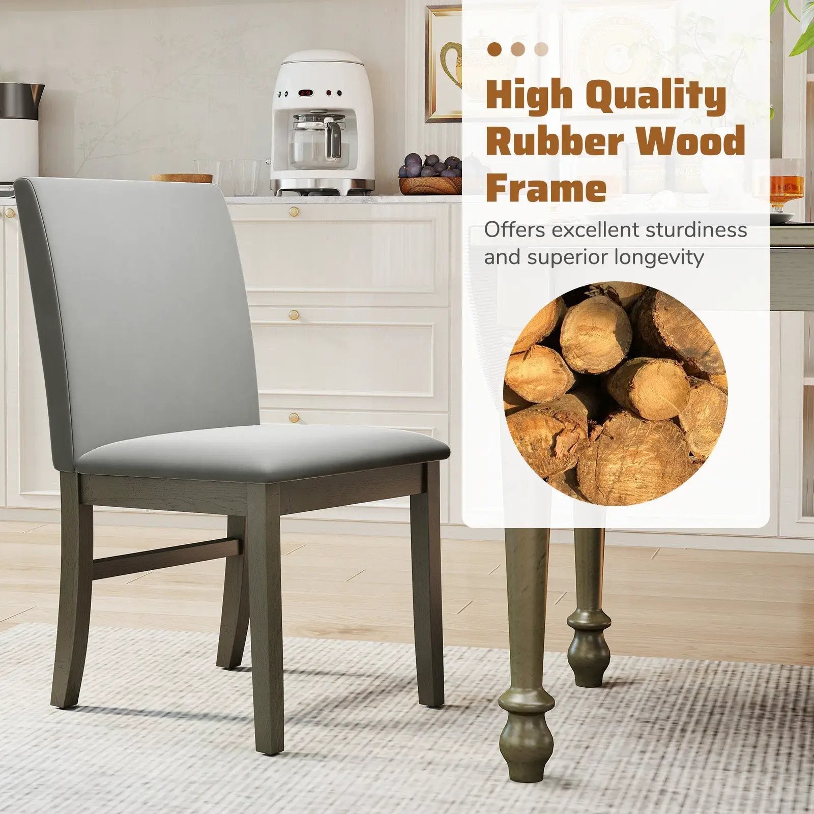 Upholstered Dining Chairs Set of 2 with Rubber Wood Legs and High Back-Gray by DirectDeals