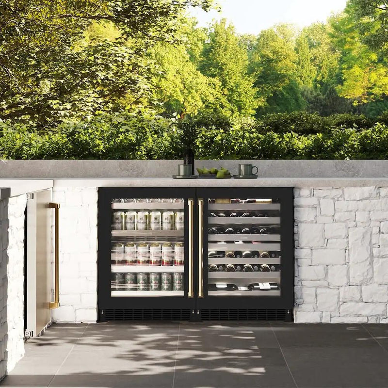 ZLINE 24" Touchstone 151 Can Beverage Fridge Black Matte Glass Door Gold RBSOZ-BLM-24-G by Farmhouse Kitchen and Bath