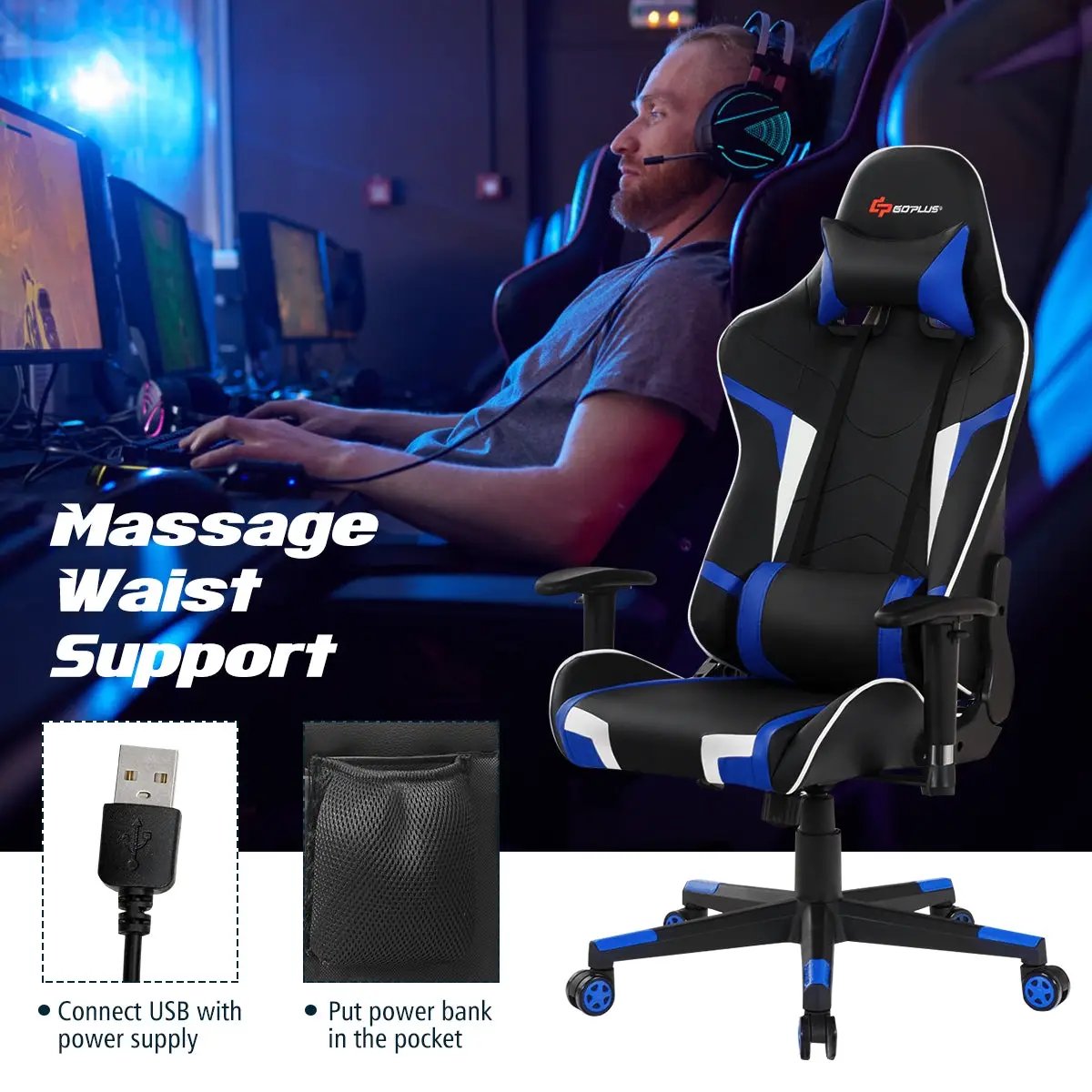 Reclining Swivel Massage Gaming Chair with Lumbar Support, photo 6 of 11