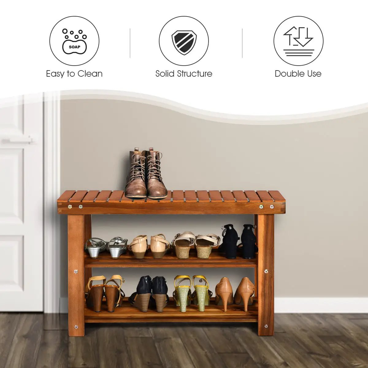 Freestanding Wood Bench with 3-Tier Storage Shelves by DirectDeals