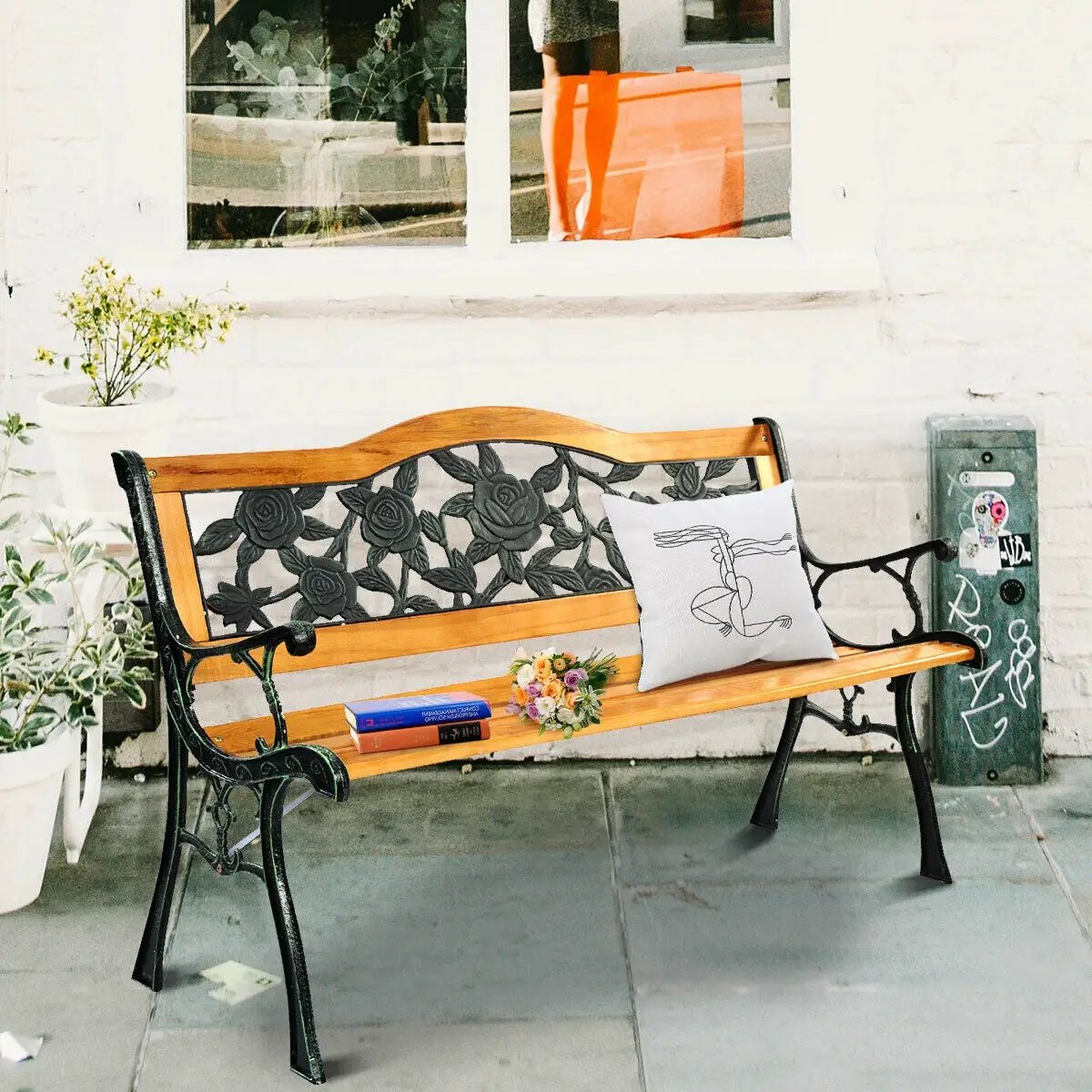 Garden Bench Chair Outdoor Wooden Loveseat with Iron Armrest by DirectDeals