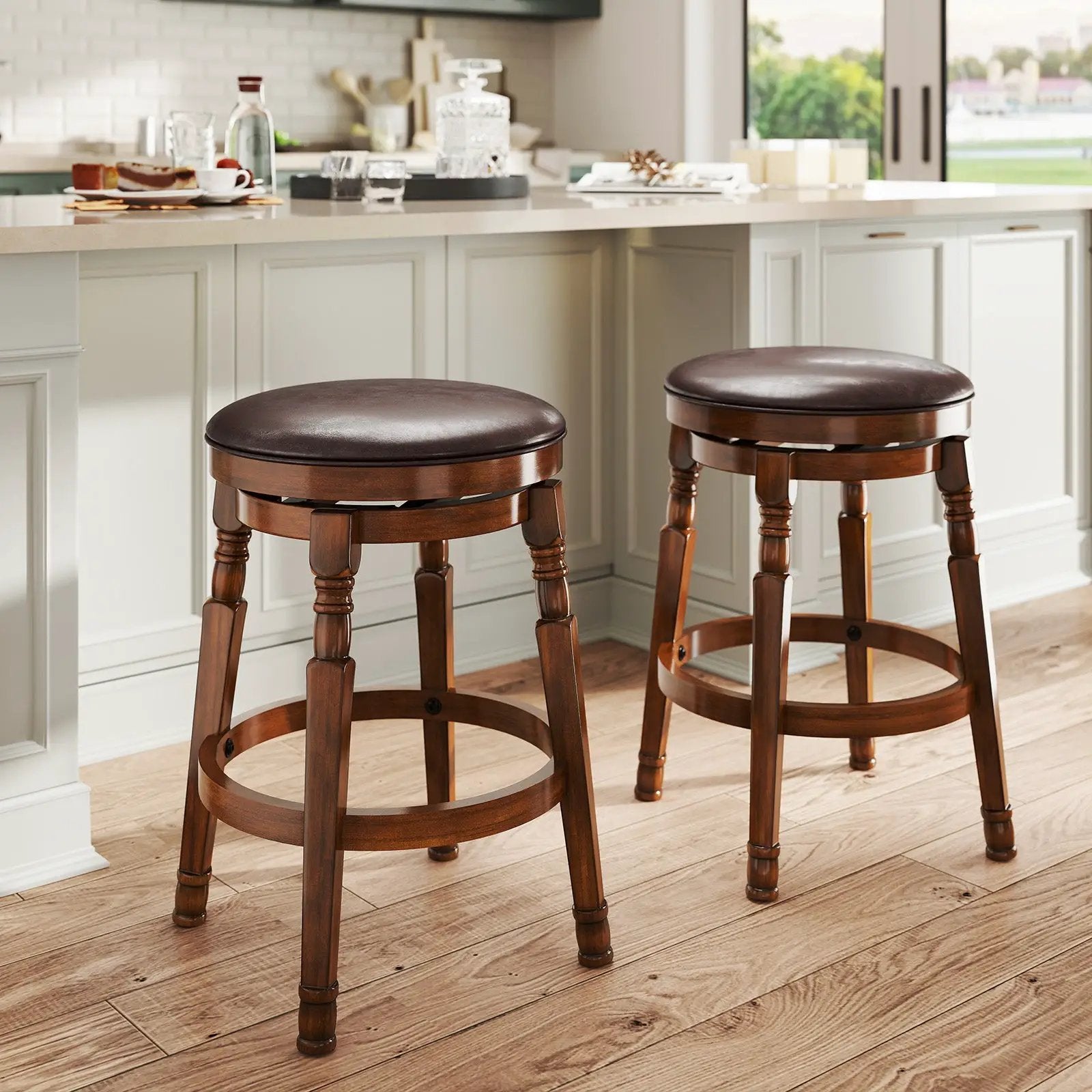Set of 2 29-Inch Swivel Leather Padded Dining Bar Stools by DirectDeals
