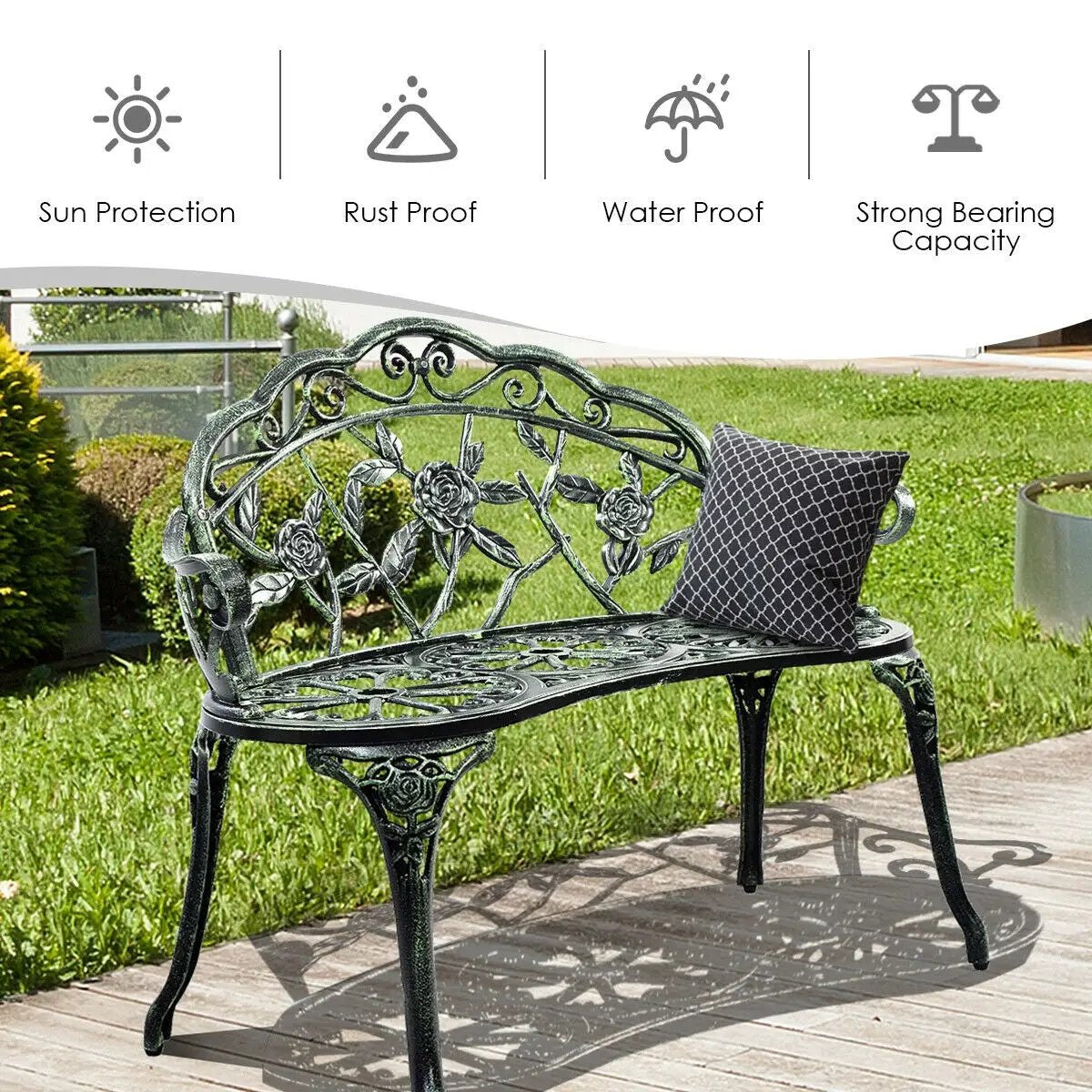 Outdoor Cast Aluminum Patio Bench Antique Rose, photo 3 of 16