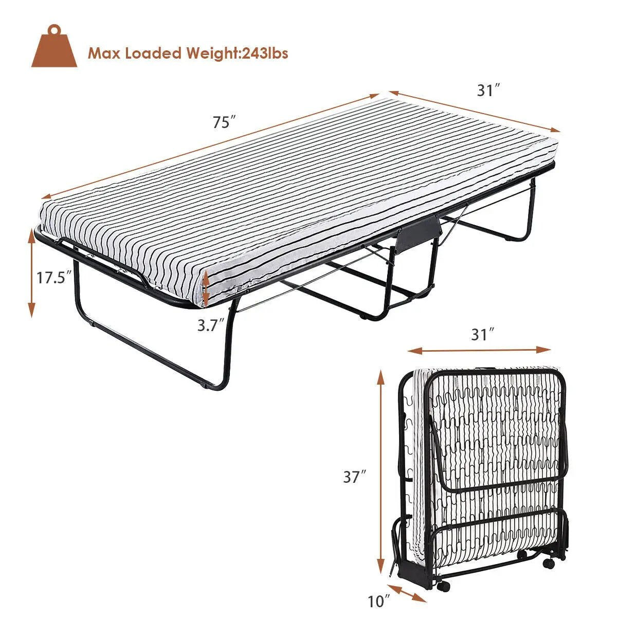 75 x 31 Inch Folding Guest Bed with Foam Mattress by DirectDeals