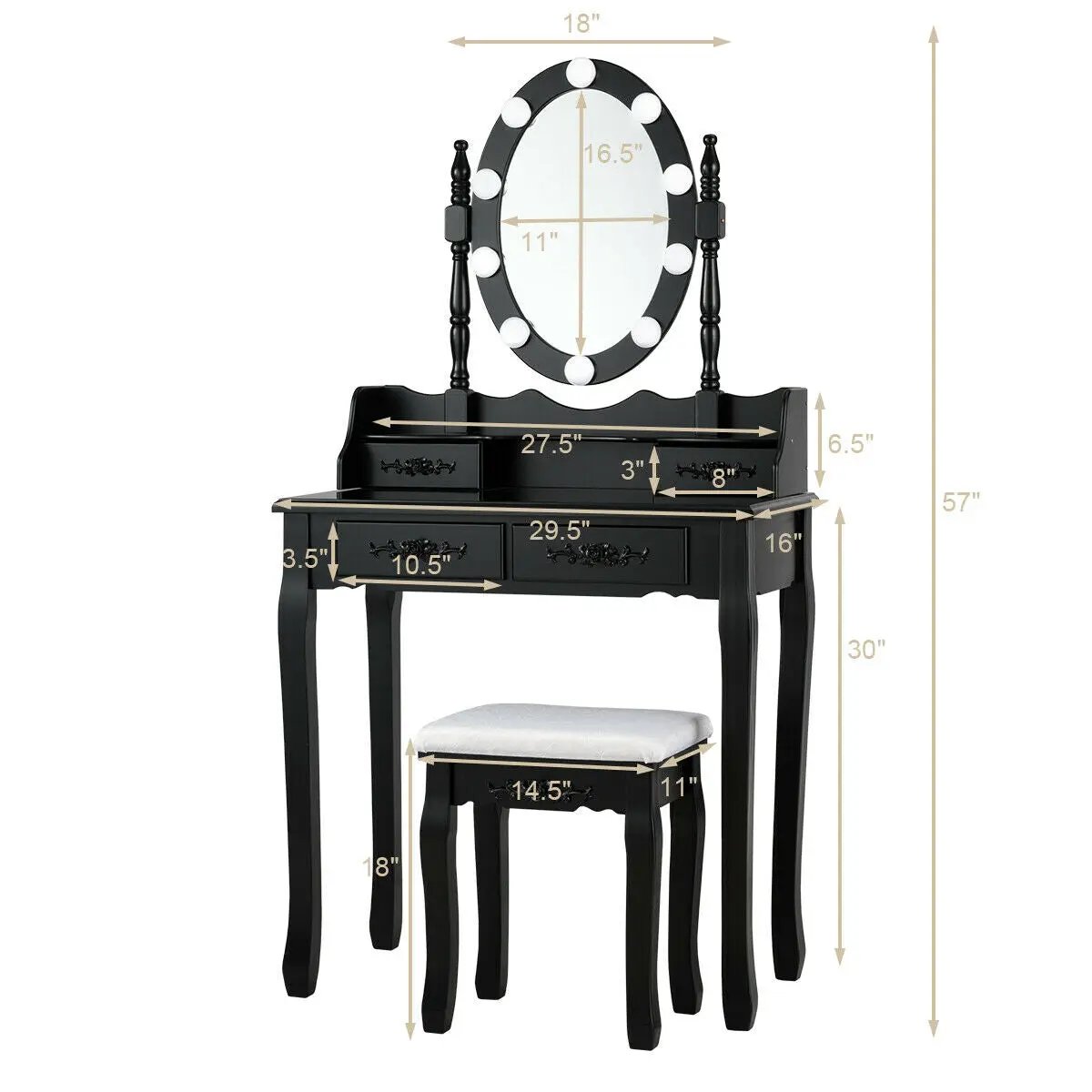 Makeup Dressing Table with Touch Switch Lighted Mirror and Cushioned Stool, photo 7 of 10