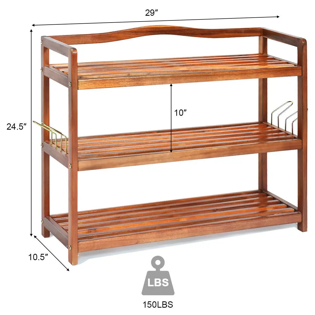 2-Tier Acacia Wood Shoe Rack with 4 Side Metal Hooks by DirectDeals