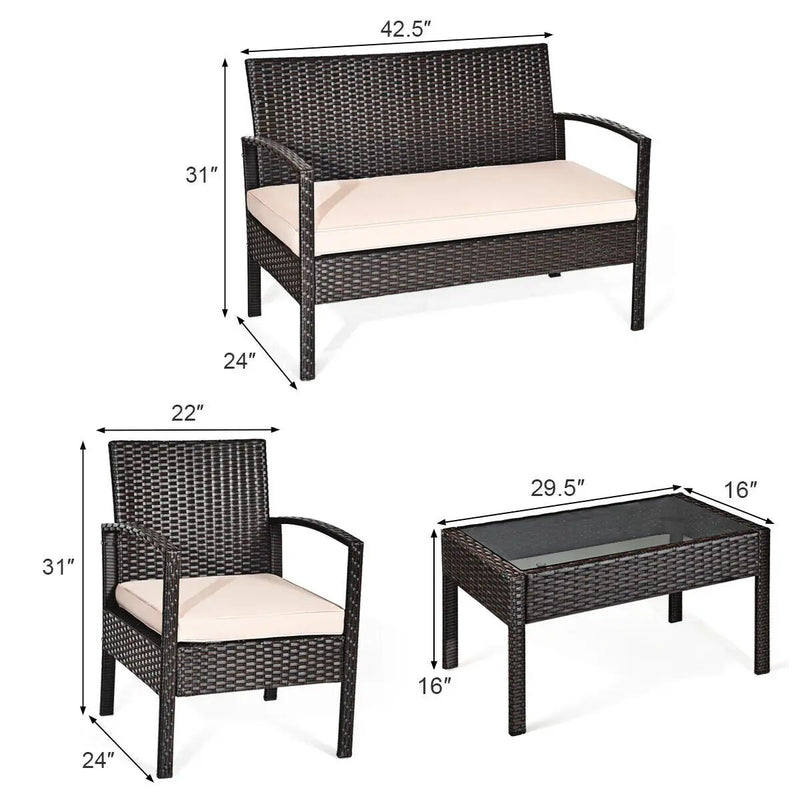 4 Pieces Patio Rattan Conversation Set with Loveseat Sofas and Coffee Table by DirectDeals