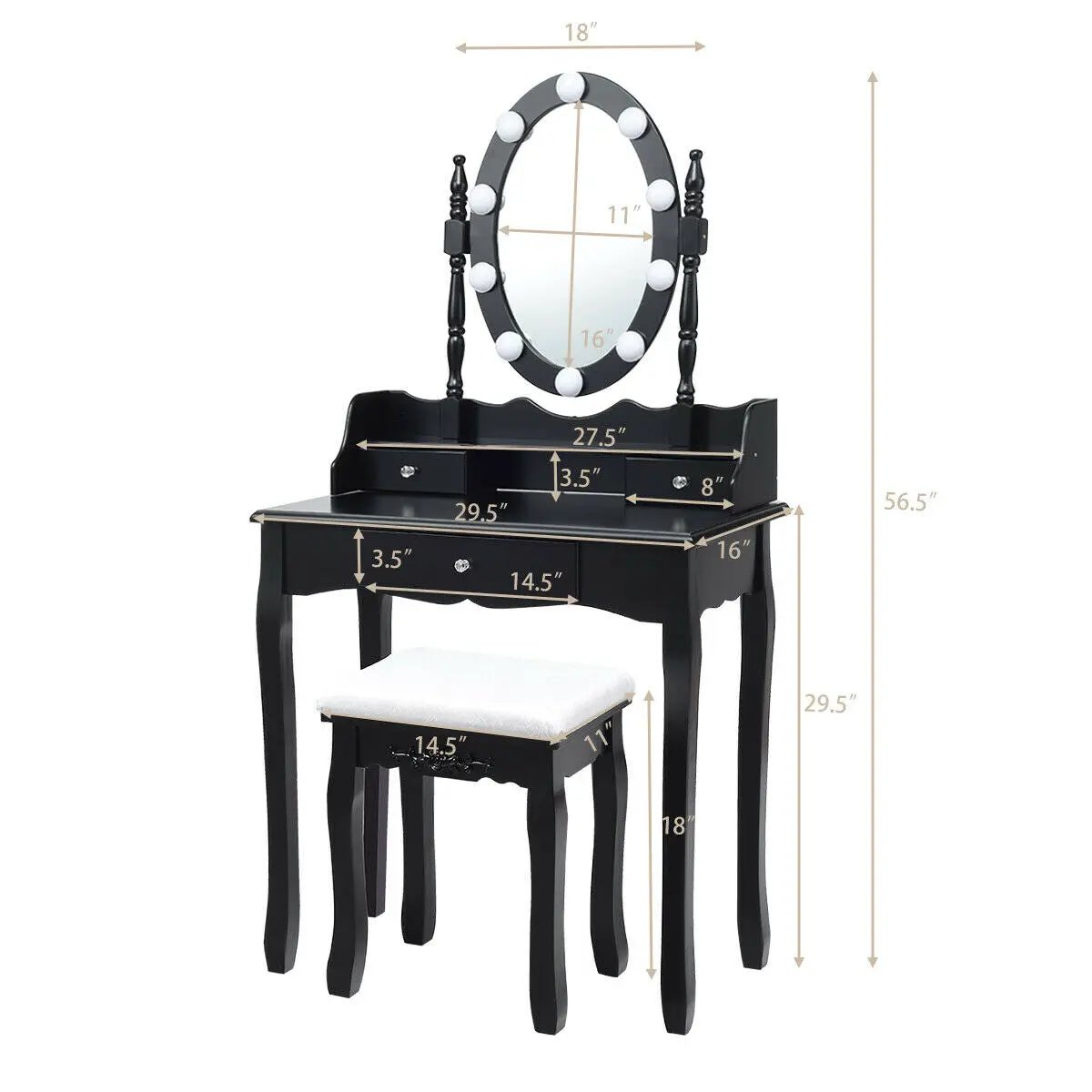 Oval Mirror Vanity Set with 10 LED Dimmable Bulbs and 3 Drawers by DirectDeals