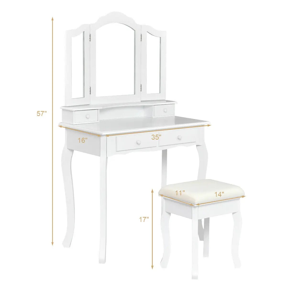 4 Drawers Wood Mirrored Vanity Dressing Table with Stool, photo 10 of 16