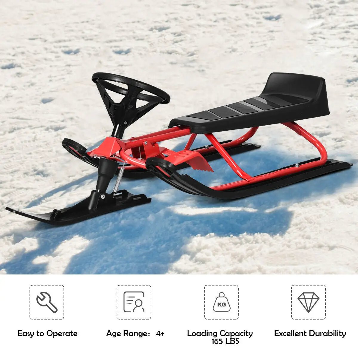 Kids Snow Sled with Steering Wheel and Double Brakes Pull Rope, photo 5 of 16