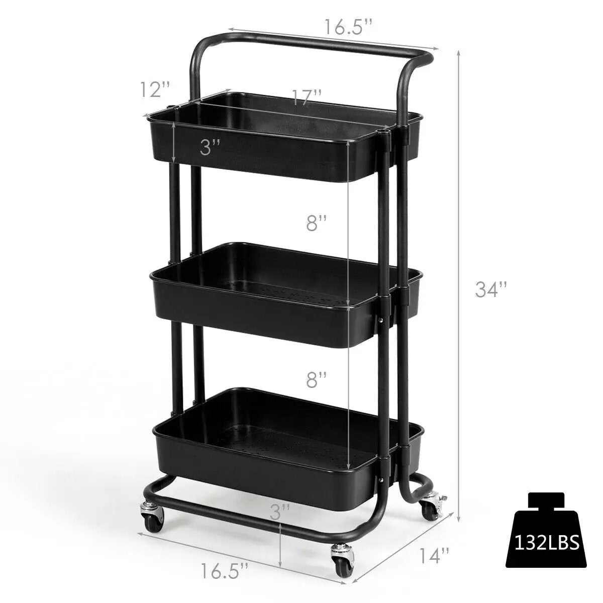 3-Tier Utility Cart Storage Rolling Cart with Casters, photo 5 of 9