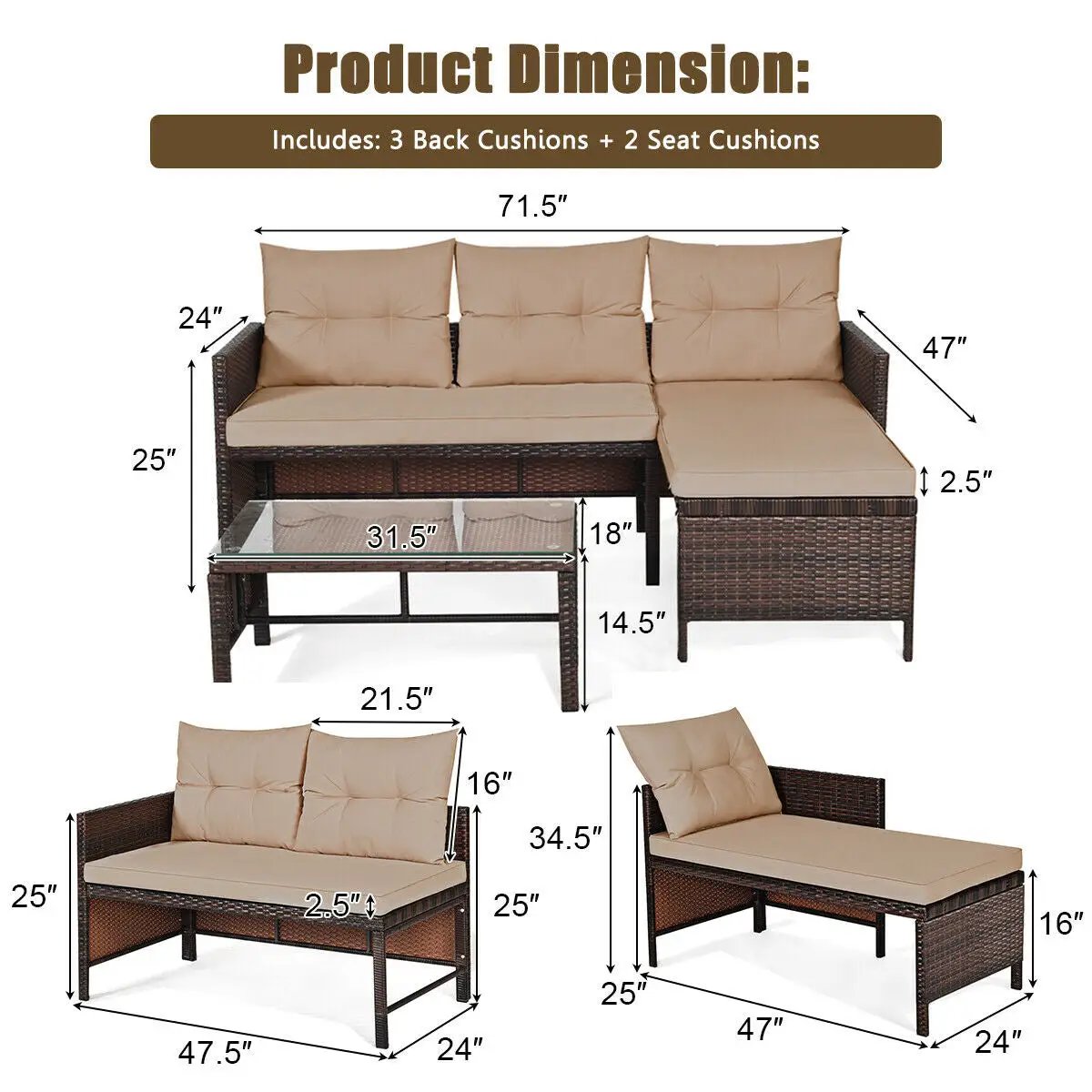 3 Pieces Patio Wicker Rattan Sofa Set, photo 5 of 10