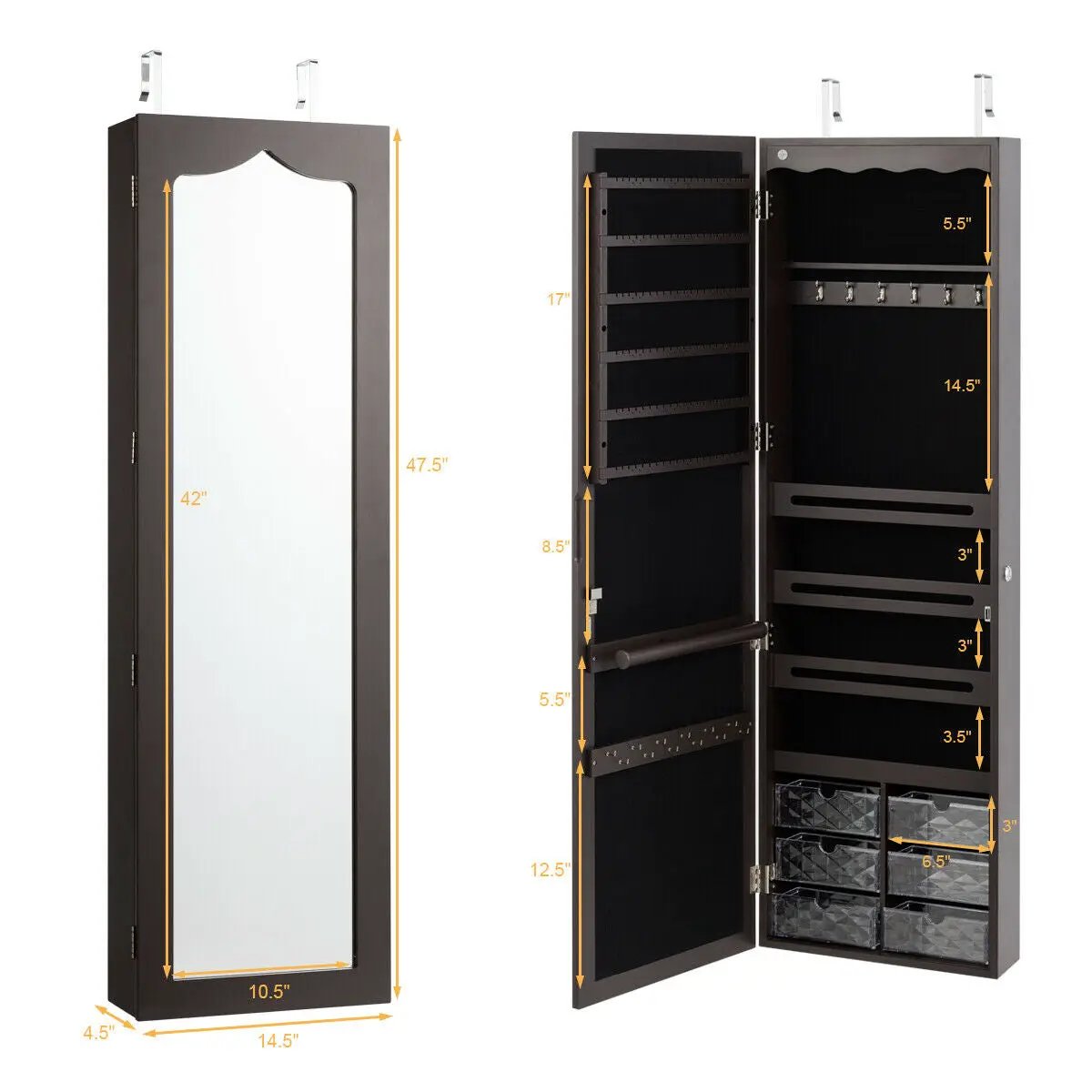 5 LEDs Jewelry Armoire Wall Mounted / Door Hanging Mirror, photo 5 of 10