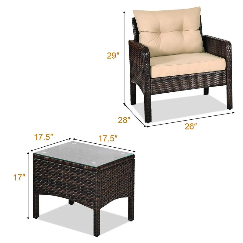 3 Pcs Outdoor Patio Rattan Conversation Set with Seat Cushions-Black by DirectDeals