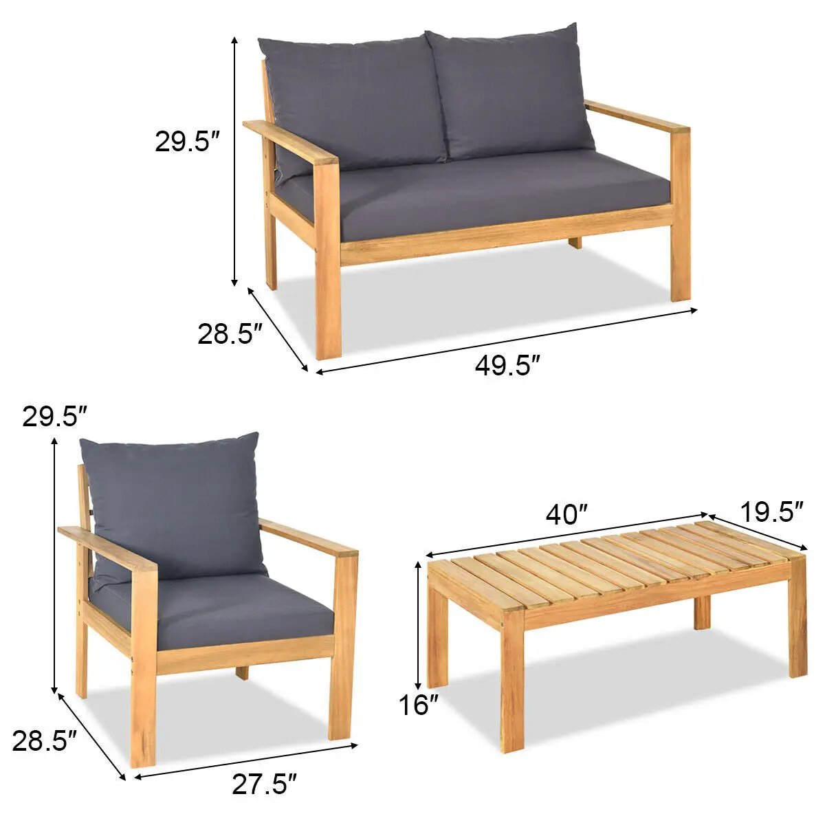 Outdoor 4 Pieces Acacia Wood Chat Set with Water Resistant Cushions, photo 4 of 11