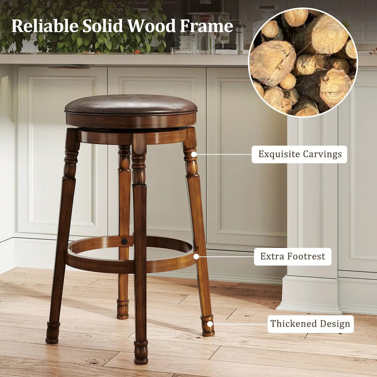 Set of 2 29-Inch Swivel Leather Padded Dining Bar Stools, photo 6 of 16