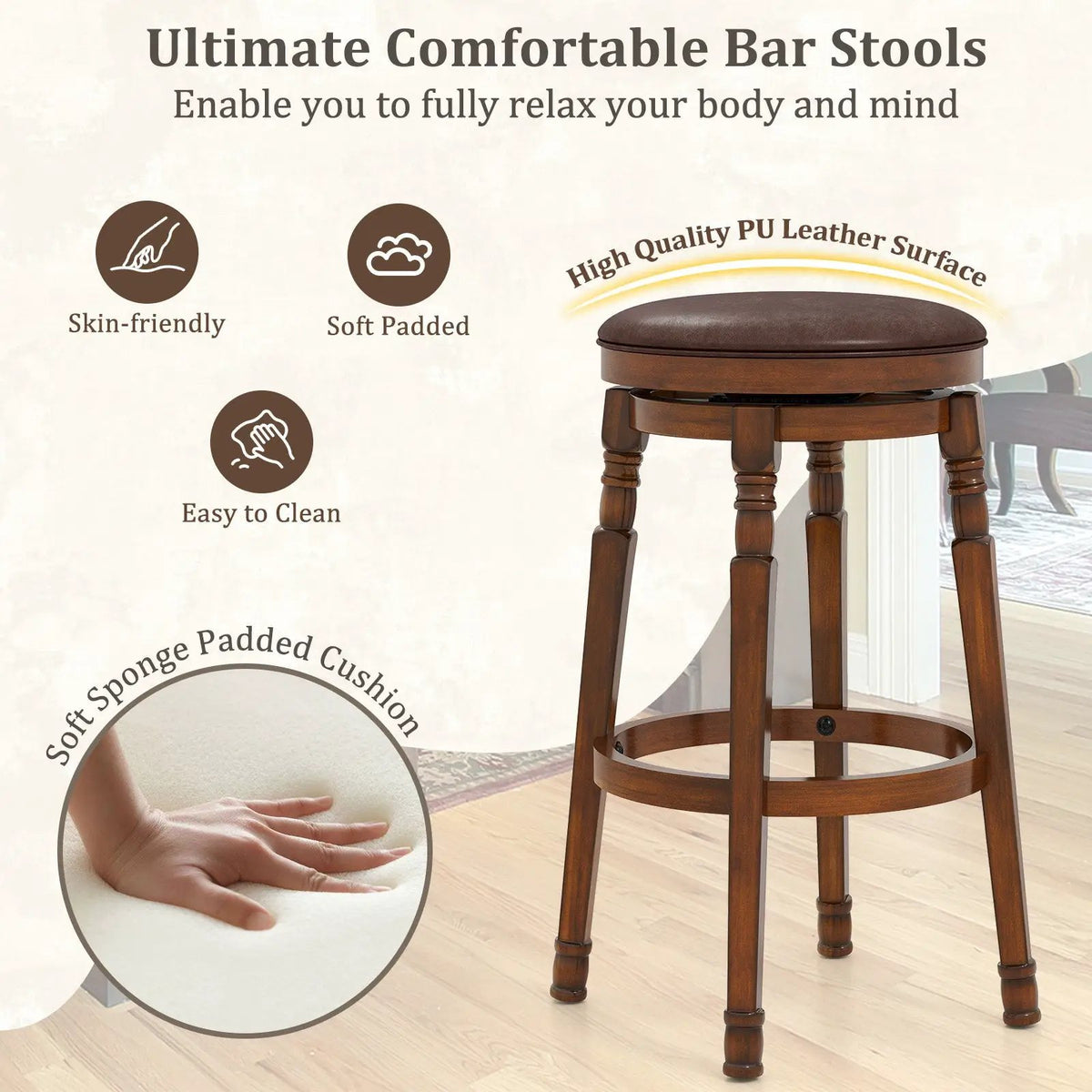 Set of 2 29-Inch Swivel Leather Padded Dining Bar Stools, photo 2 of 16