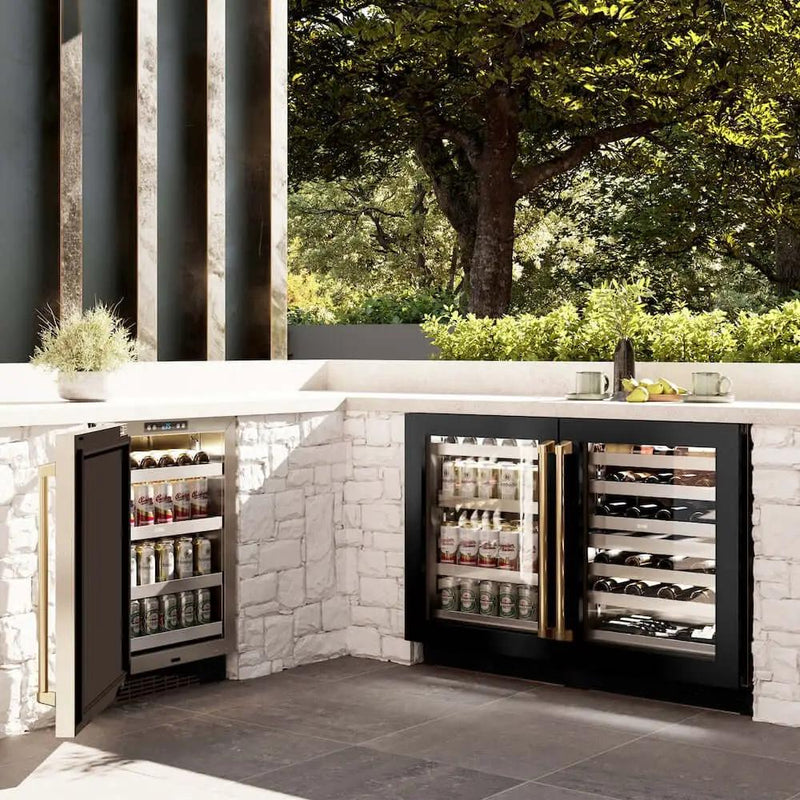 ZLINE 24" Touchstone Dual Zone 44 Bottle Wine Cooler Black Stainless Steel Glass Door Polished Gold Handle RWDOZ-BS-24-G by Farmhouse Kitchen and Bath