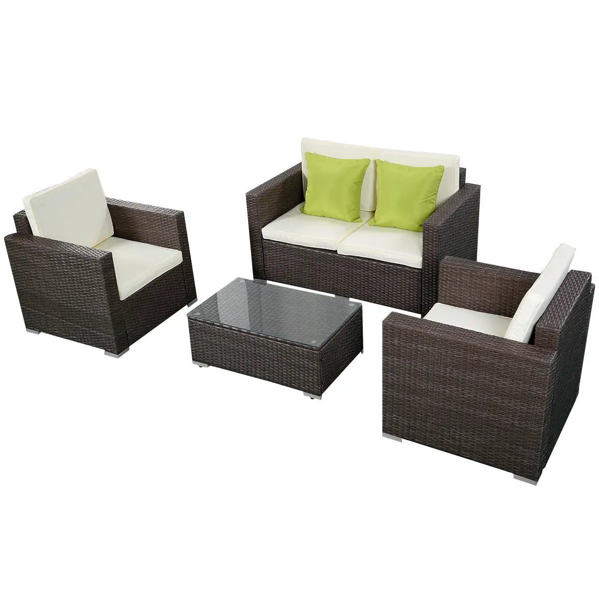 4 Pieces Brown Wicker Rattan Sofa Furniture Set Patio Garden Lawn Cushioned Seat by DirectDeals