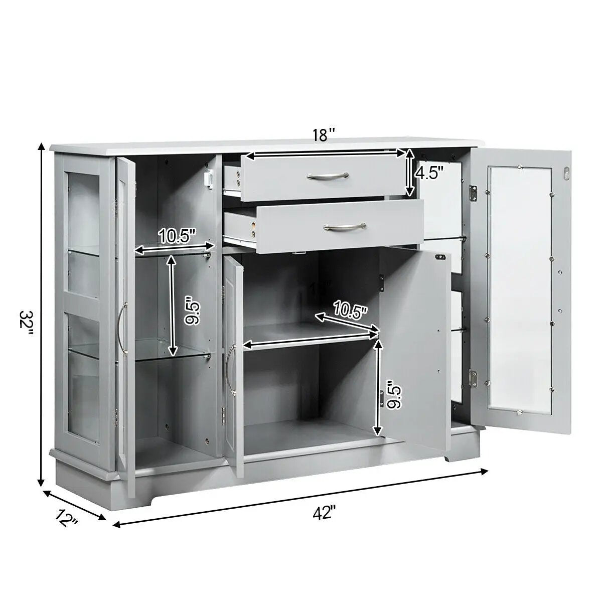 Sideboard Buffet Server Storage Cabinet with 2 Drawers and Glass Doors, photo 9 of 9