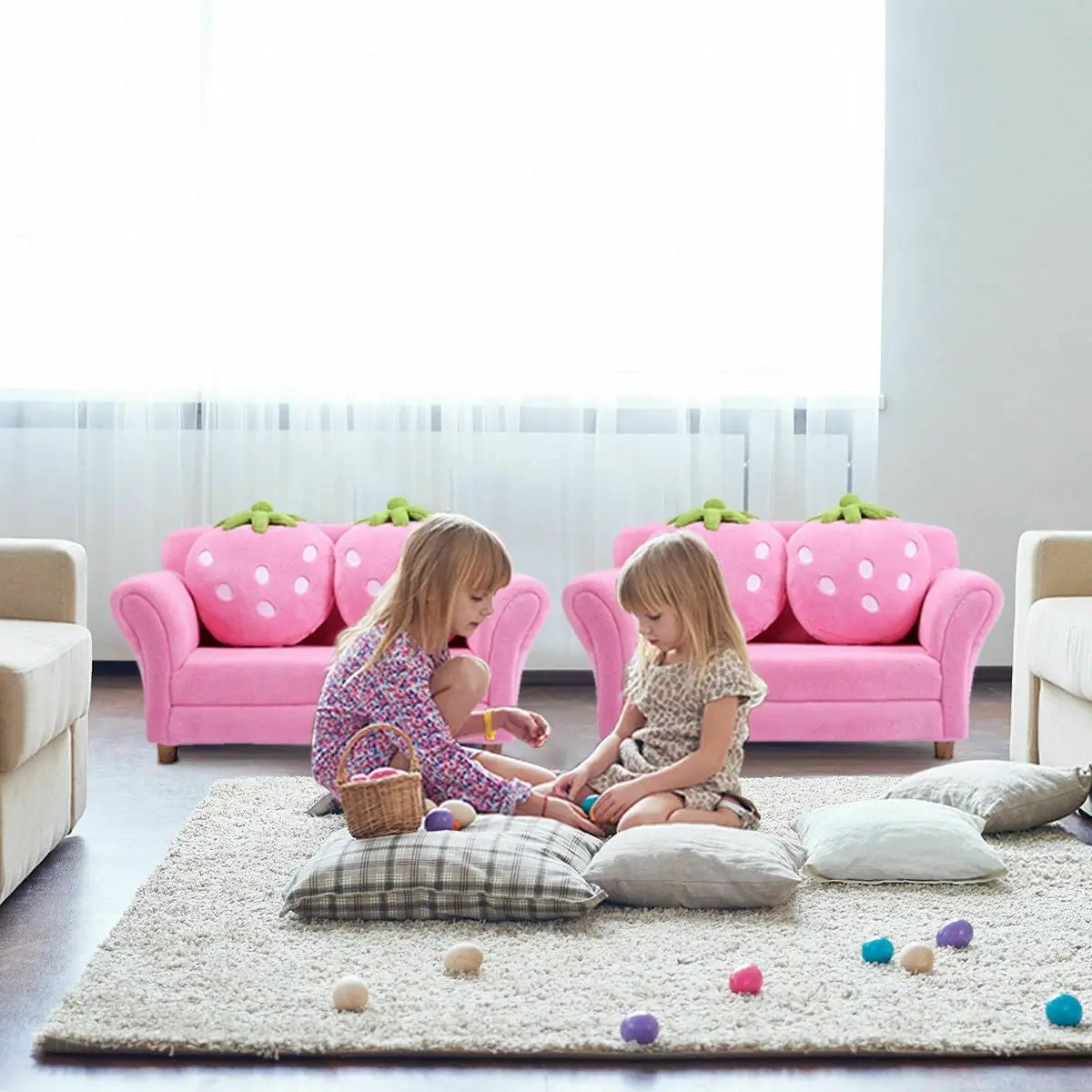 Kids Strawberry Armrest Chair Sofa with 2 Cute Strawberry Pillows-Pink by DirectDeals