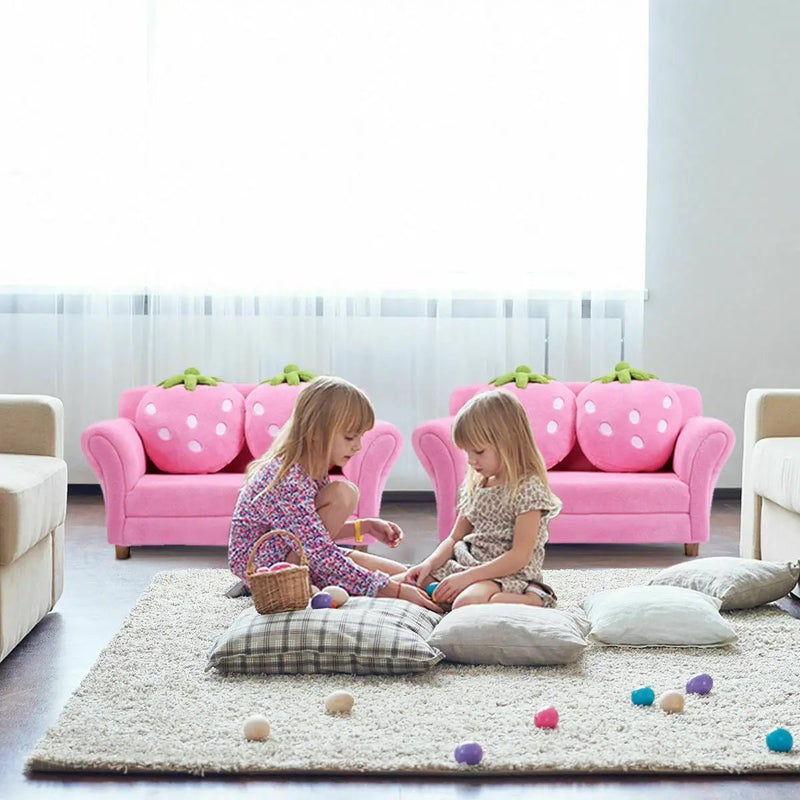 Kids Strawberry Armrest Chair Sofa with 2 Cute Strawberry Pillows-Pink by DirectDeals