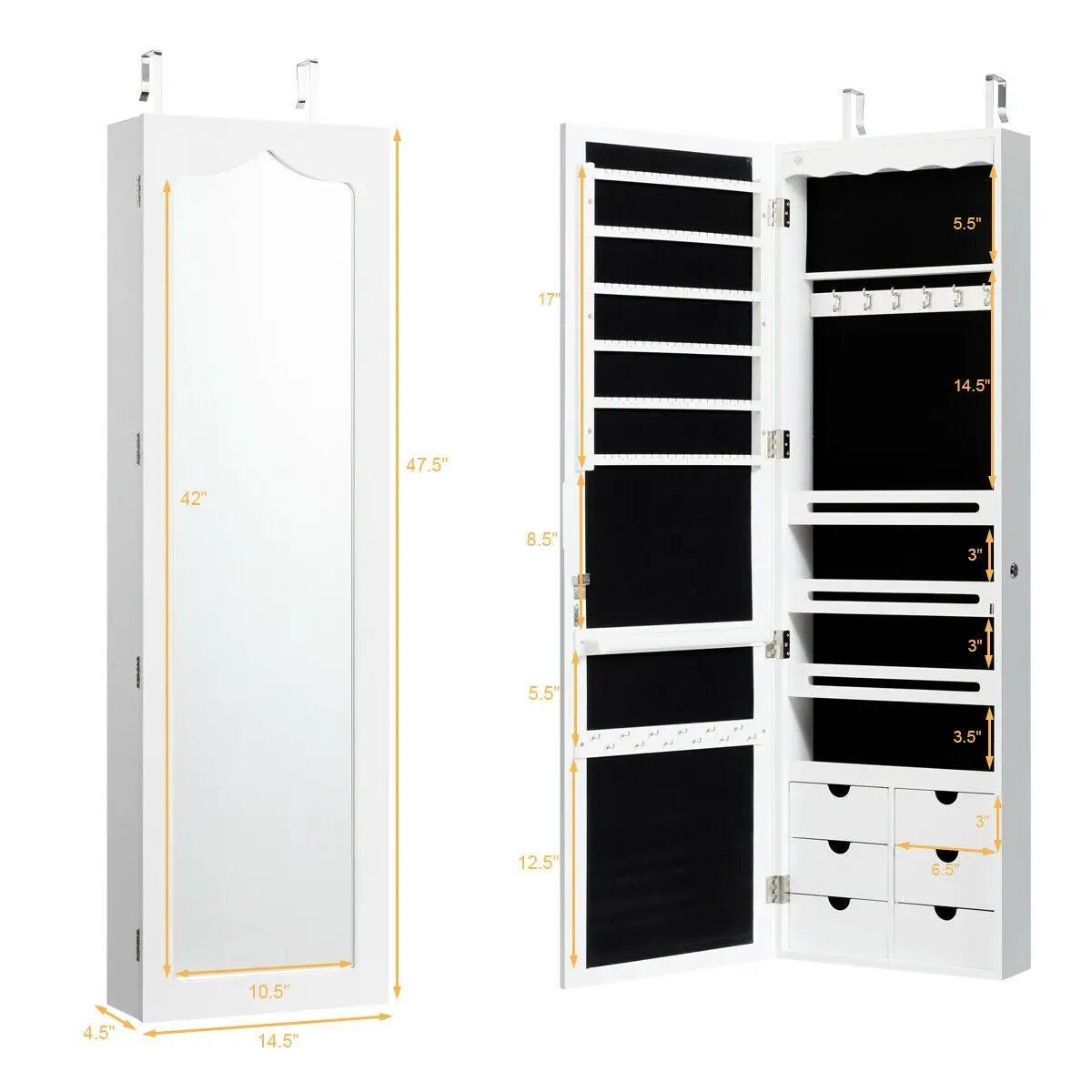 5 LEDs Lockable Mirror Jewelry Cabinet Armoire with 6 Drawers-White by DirectDeals