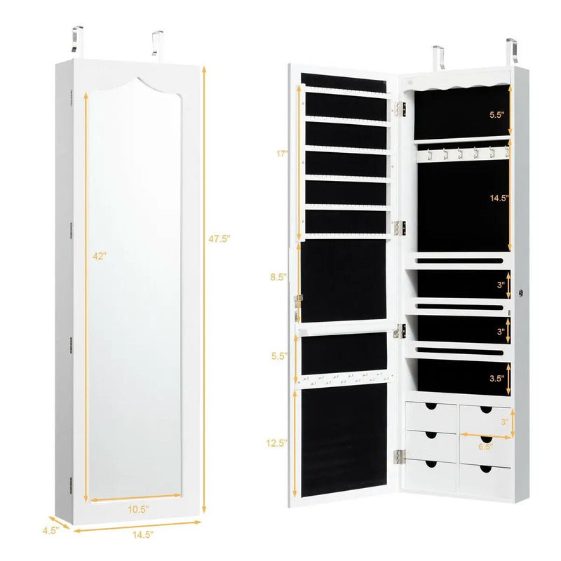 5 LEDs Lockable Mirror Jewelry Cabinet Armoire with 6 Drawers-White by DirectDeals