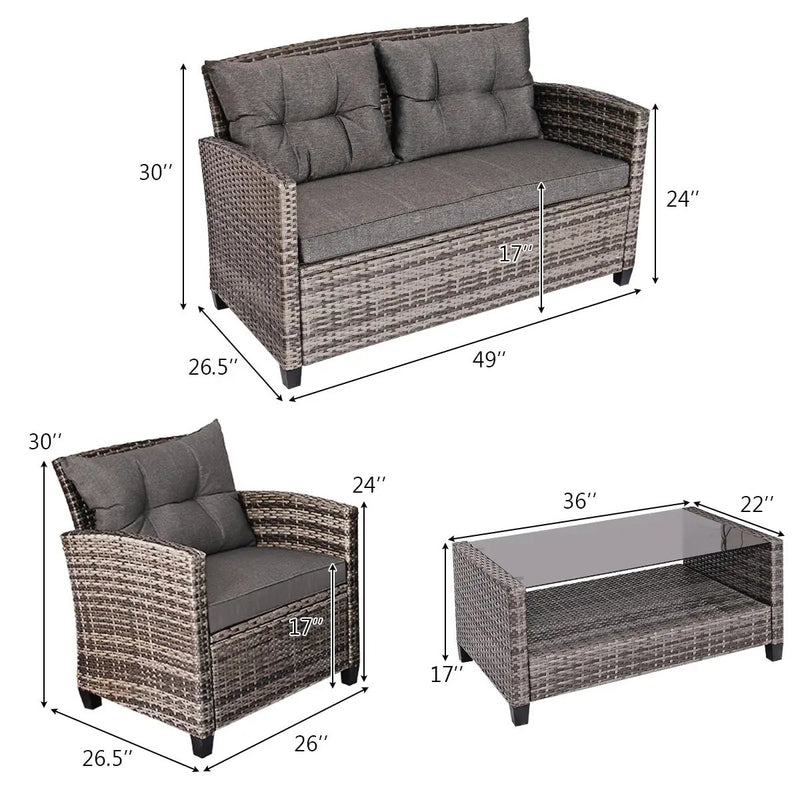 4 Pieces Patio Rattan Furniture Set Coffee Table Cushioned Sofa-Gray by DirectDeals