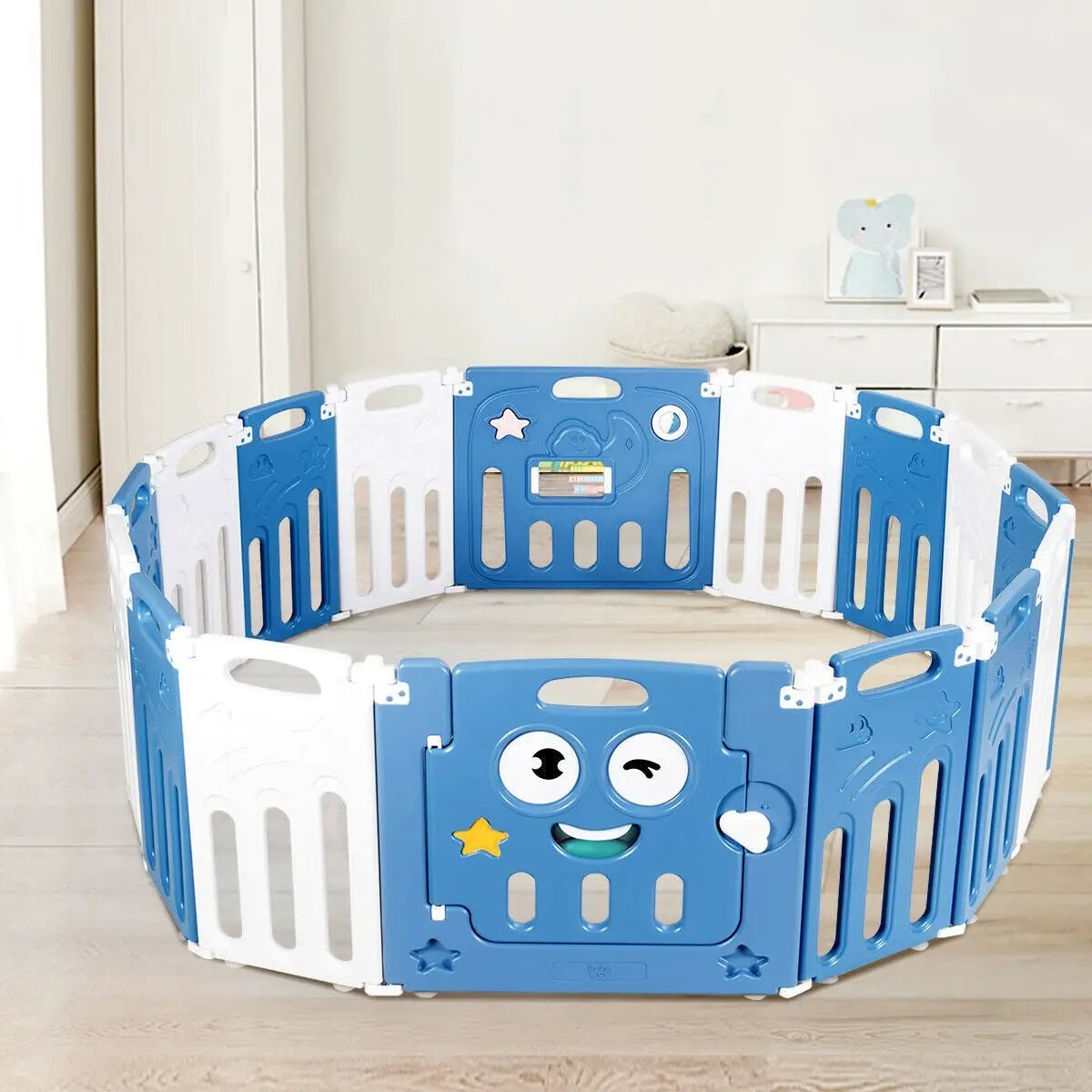 16-Panel Foldable Baby Playpen Kids Activity Centre-Blue by DirectDeals