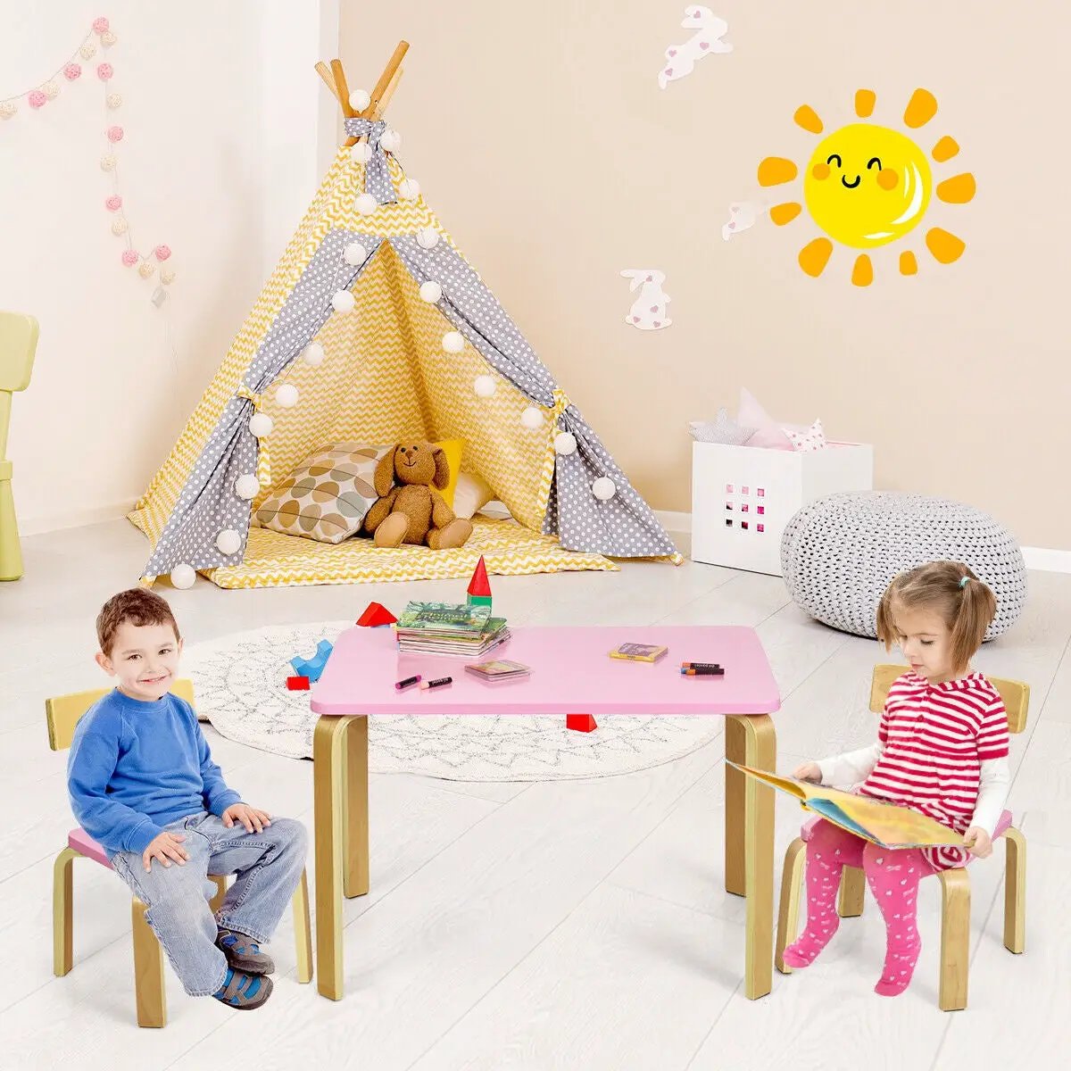 3 Piece Kids Wooden Activity Table and 2 Chairs Set, photo 5 of 16