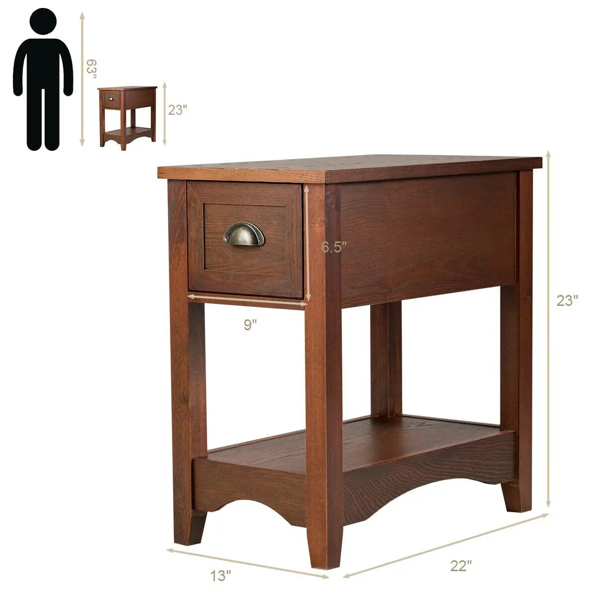 2 Pieces Retro Narrow Tiered End Table with Drawer and Storing Shelf, photo 5 of 10