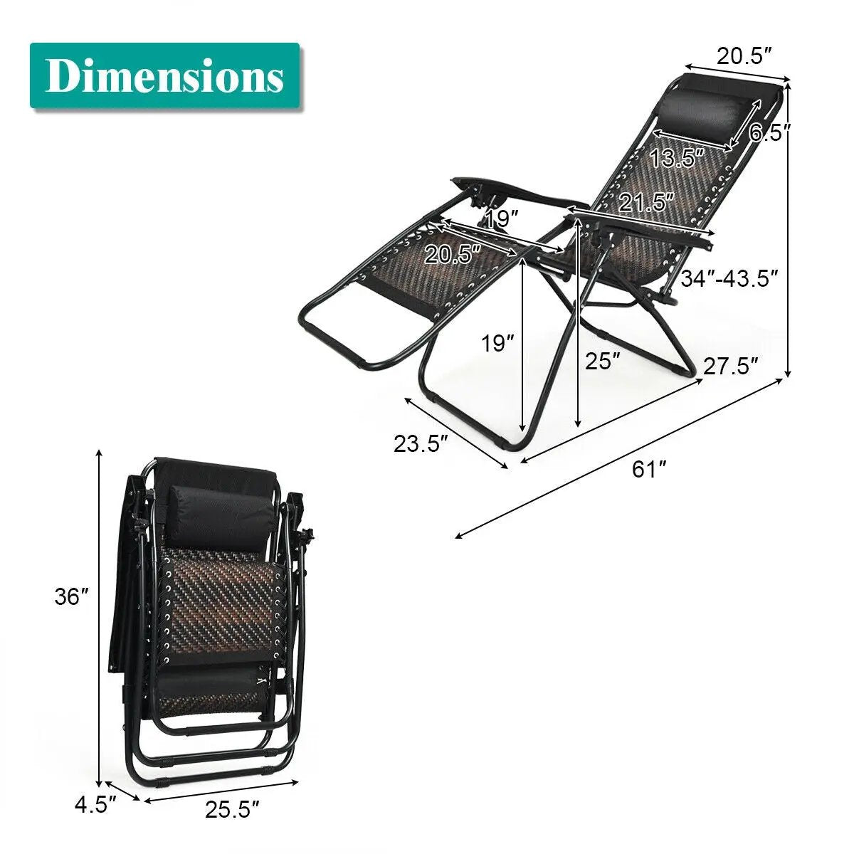 Folding Rattan Zero Gravity Lounge Chair with Removable Head Pillow, photo 4 of 8