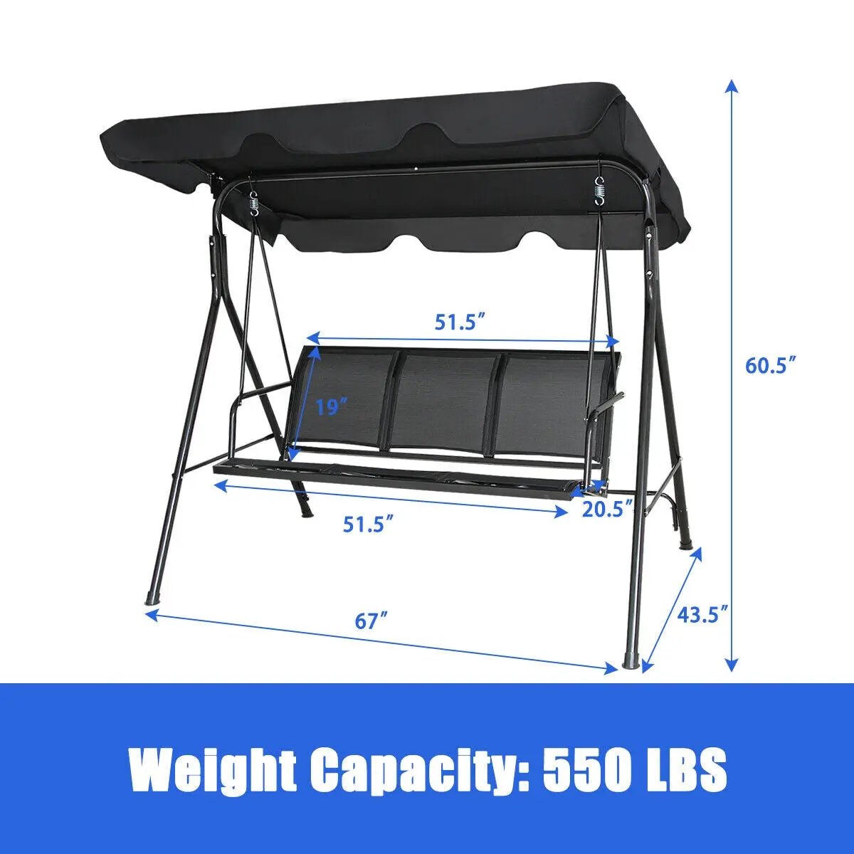 3 Person Steel Frame Patio Swing with Polyester Angle and Adjustable Canopy by DirectDeals