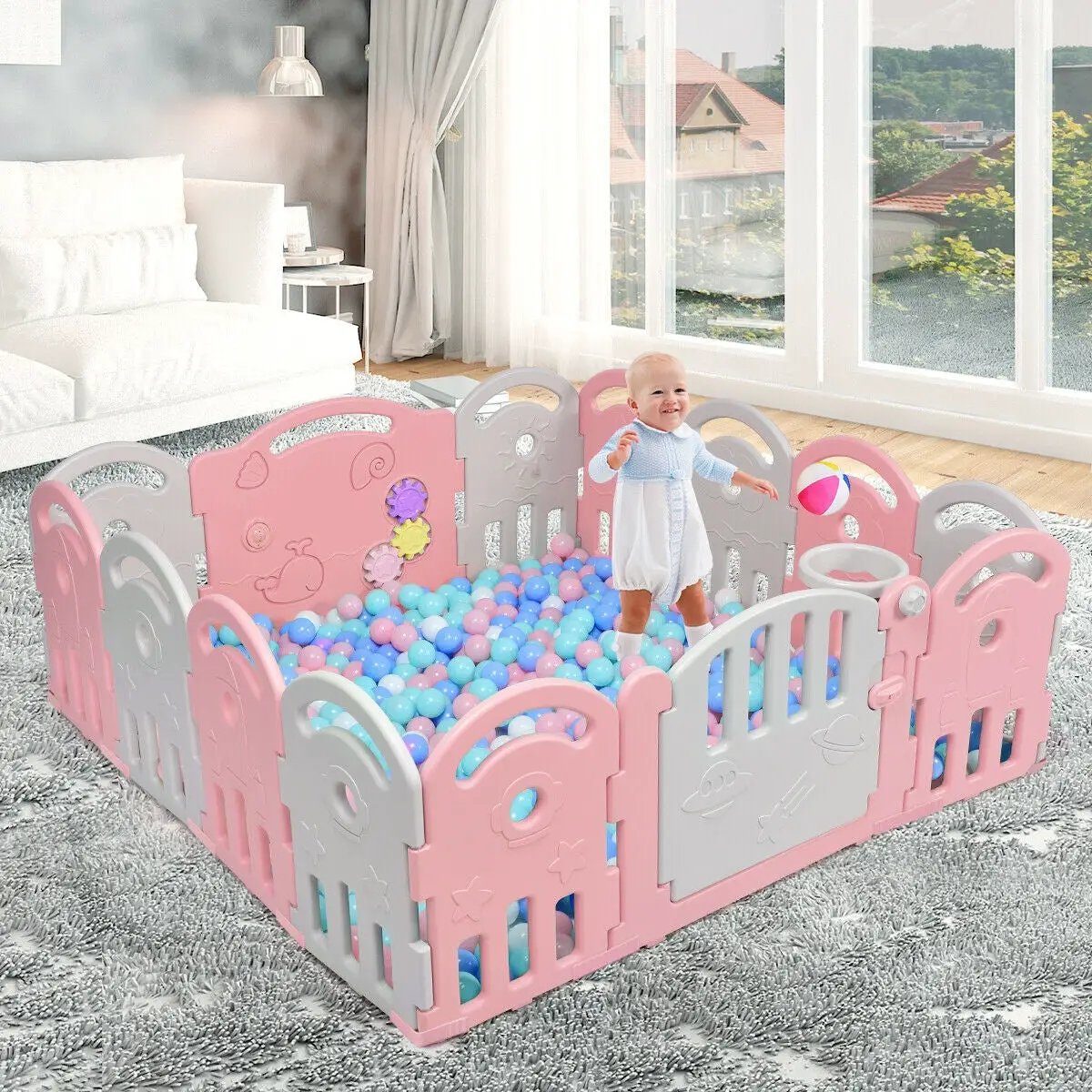 14-Panel Baby Playpen with Music Box & Basketball Hoop-Pink by DirectDeals