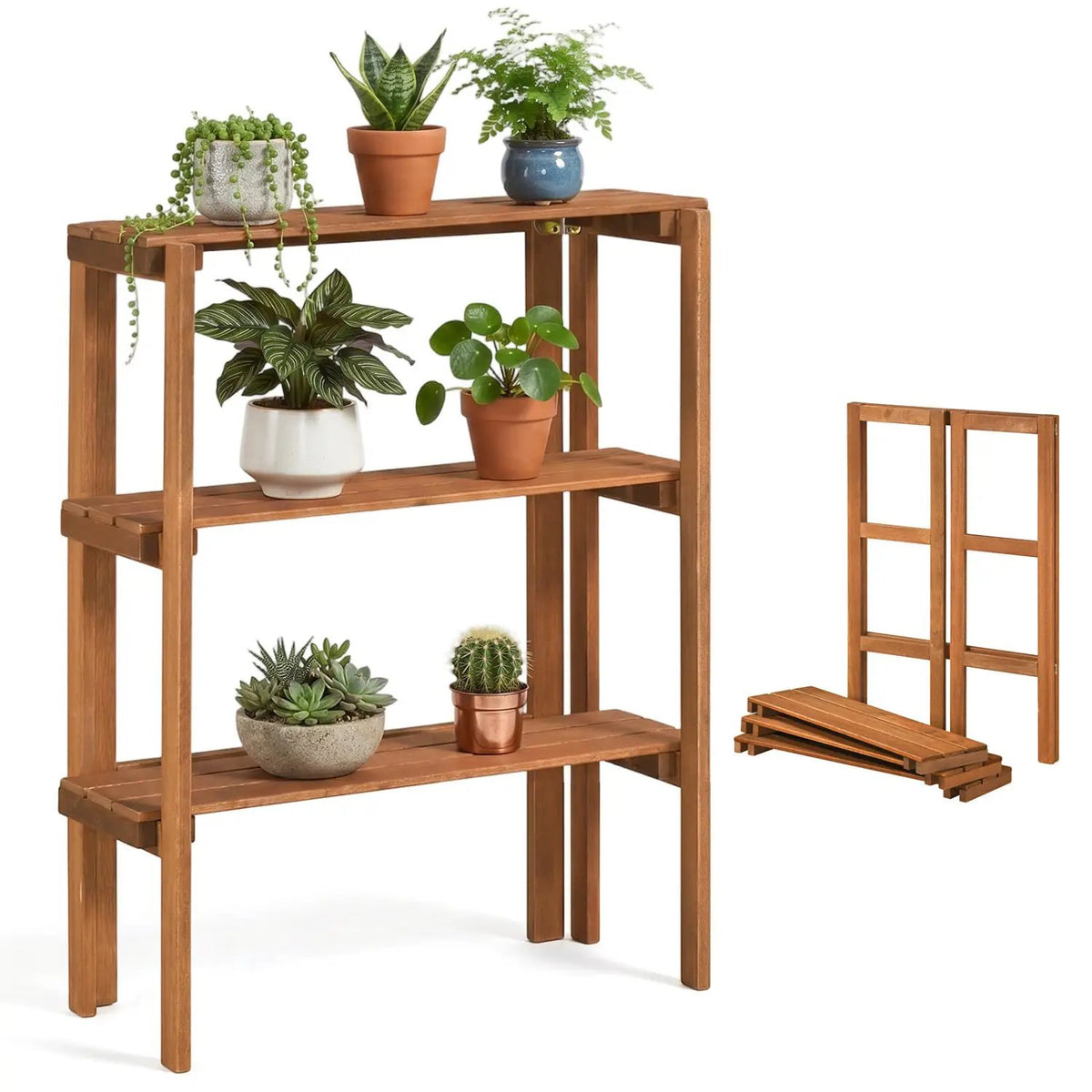 3-Tier Folding Wooden Storage Shelf for Entryway & Garden, photo 4 of 16