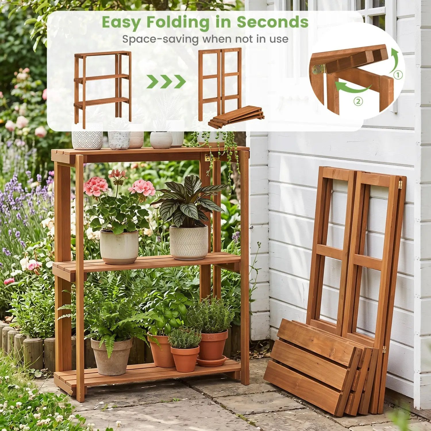 3-Tier Folding Wooden Storage Shelf for Entryway & Garden by DirectDeals