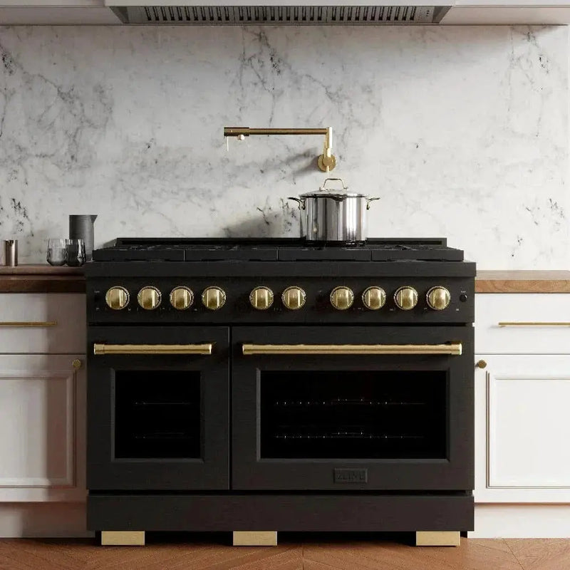 ZLINE 48"Paramount Dual Fuel Range Black Stainless Steel, Gold SDRBZ-48-G by Farmhouse Kitchen and Bath